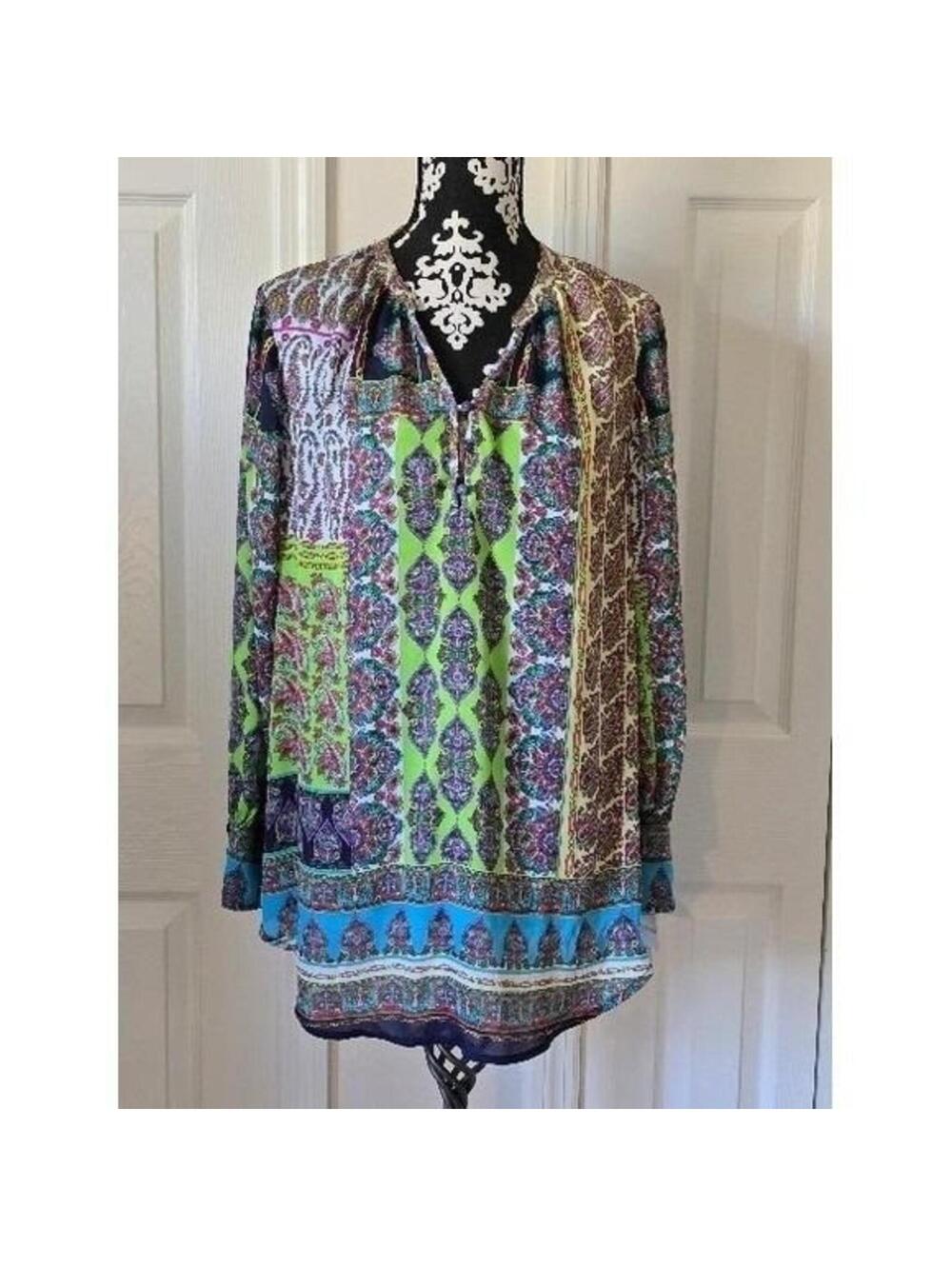 Liz Claiborne Petite Blouse PXL Multicolor Paisley Patchwork Split Neck Top